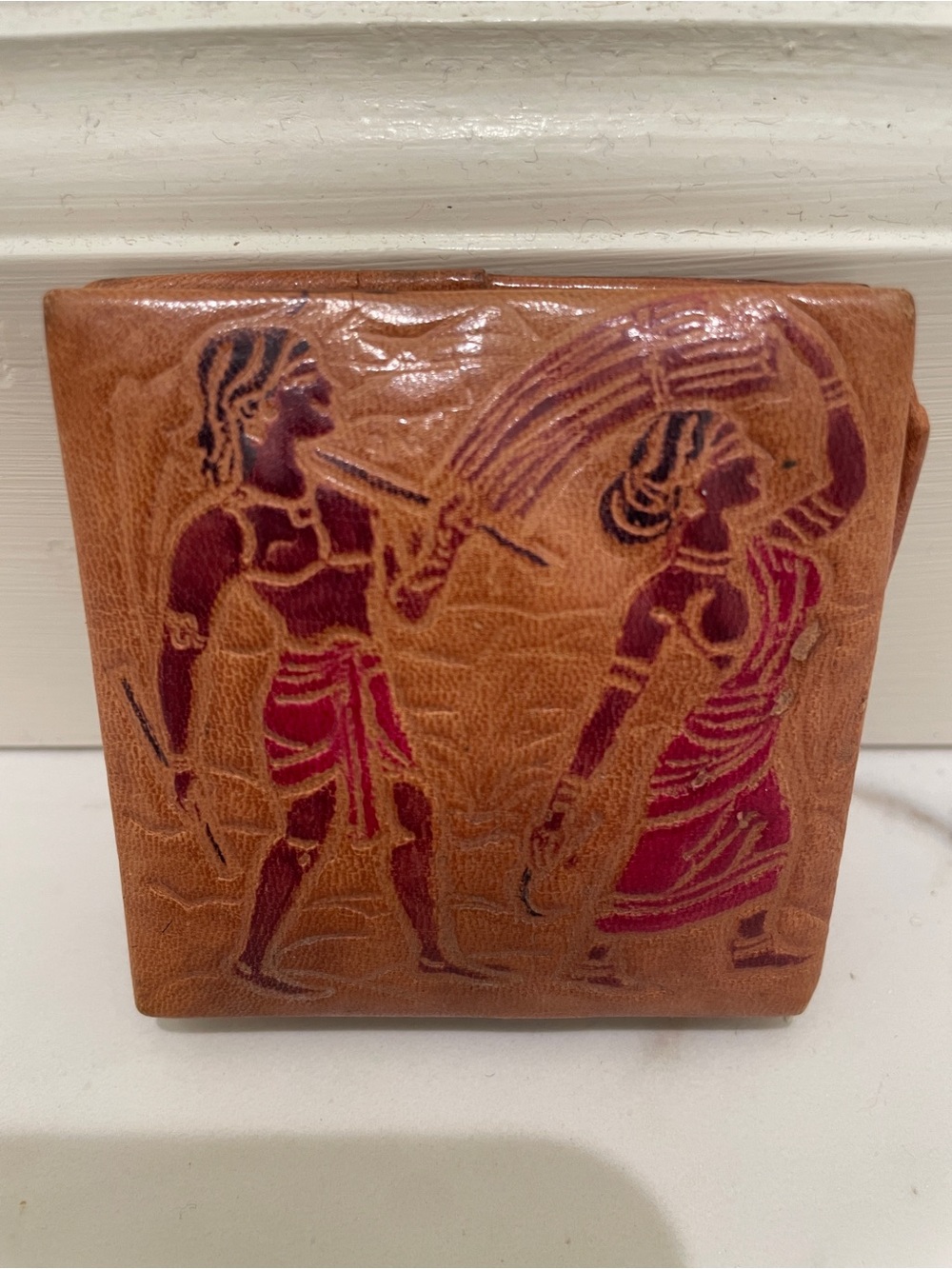 Vintage India Sheepskin Leather Coin Purse Handcrafted Embossed Indian Scene